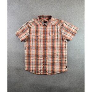 prAna Shirt Mens Large Orange Plaid Pearl Snap Western Organic Cotton Blend